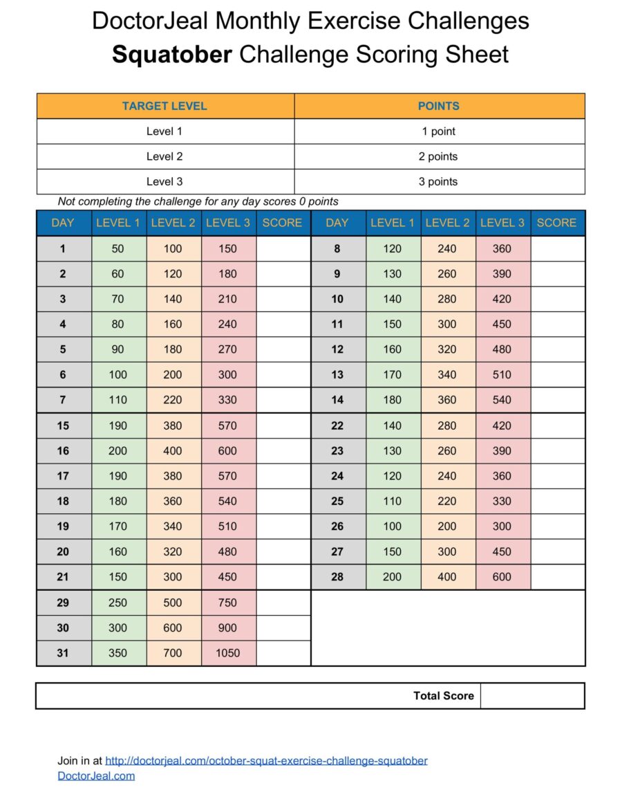 Squatober Squat Challenge Scoring Sheet